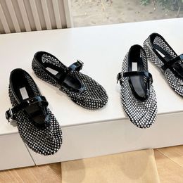 Bulingbuling Fishnet Ballet Flats Women Designer Sandals Black Fabric With Rhinestone Classic Loafers Buckle Casual Shoes 548
