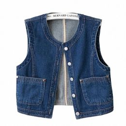 vintage Crago Denim Vest Women 2024 Spring Summer Short Casual O Neck Big Pocket Cowboy Waistcoat Sleevel Jeans Jacket Female C9He#