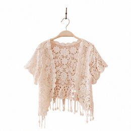 womens Summer Short Sleeve Tassels Lace Cardigan Floral Crochet Beach Cover Up Shrugs Open Frt Crop Jackets N7YD U6dT#