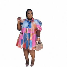 cm.yaya Elegant Women Graffiti Cape Stye Big Swing Loose Smock Dr Plus Size Curve Chic Single Breasted Shirt Blouse Dres P22R#