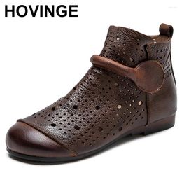 Casual Shoes 2024 Summer Ankle Boots Genuine Leather Women Mid Heels Sandals Side Zip Cutout Breathable