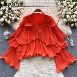 Women's Blouses Gagaok European American Shirts Spring Autumn V Neck Women Unique Design Ruffles Versatile Loose Fairy Top