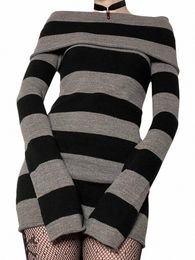 women Mini Bodyc Dr Stripe Boat-Neck Lg Sleeve Short Dr Spring Autumn Wrapped Hip Party Dr U4zp#