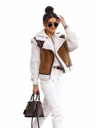 HH ONKOGENE Frauen Faux Leder Fleece Futter Sleevel Kurze Weste 2023 Herbst Frau Fi Warm Zipper Verdicken Westen Mantel G80M #