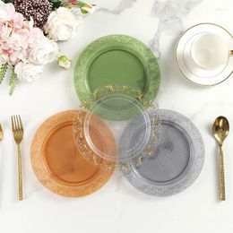 Flatware Sets Transparent PP Plastic Grey Green Round Design Wedding Decorative Plates Gold Rim Charger