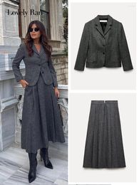 Work Dresses Fashion Grey Fold Skirt Suit Women 2024 Autumn Winter Slim Turn-down Collar Button Coat Sexy Skirts Female 2 Piece Sets