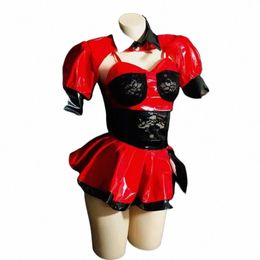 bar Nightclub Sexy Gogo Dance Clothing Red Leather Lace Rave Outfits Halen Festival Outfit Role Cosplay Drag Queen Costume f5m6#