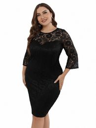 plus Size Summer Dres for Women 2023 Lace Floral See Through Bodyc Prom Formal Party Dr Black Casual Midi Dres k1Lg#