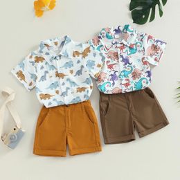 Clothing Sets CitgeeSummer Kids Boys Outfits Cartoon Print Turn-Down Collar Short Sleeve Shirts And Solid Colour Shorts Clothes Set