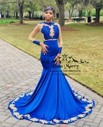 Sexy Royal Blue Mermaid Prom Dresses 2k19 Gold Lace Appliques Long Sleeves Sequined Beaded 2019 African Arabic Girls Graduation Go1952279