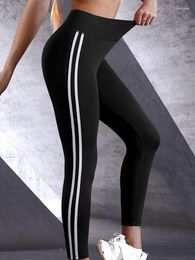 Women's Leggings Yoga For Ladies Sportswear Stripe Printing Tight Pants Gym Push Up Trousers Black Blue Red