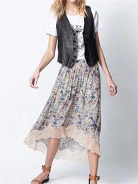 Skirts Women Paisley Print Midi Skirt Lace Stitching Elastic Waist Retro Viscose Irregular Jupe For Female