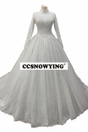 glitter Tulle Ball Gown Lg Sleeve Wedding Dres Beaded Appliques High Neck Arabic Dubai Bridal Dr Vestidos De Novia M6IB#