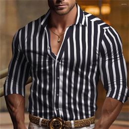 Men's Casual Shirts 2024 Long Sleeved Polo Neck Button Up Shirt Solid Stripe Printed Soft And Comfortable Muscle Top S-6XL