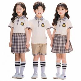 2pcs Kids School Uniforms Sets Student Boys Girls Summer Cott Children Tops Plaid Pleated Skirt Short Pants Suits Cute Korean v61L#