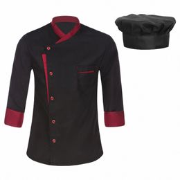 men Chef Shirt Lg Sleeve Cosplay Jacket Kitchen Restaurant Hotel Work Coat with Hat Unisex Ctrast Colour Food Cooking Uniform 04Mz#