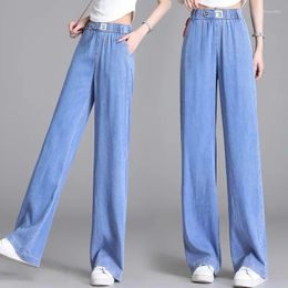 Women's Jeans Ice Silk Denim Wide Leg Pants Summer Elastic High Waist Thin Female Casual Loose Straight Trousers 4XL