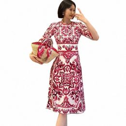 summer short sleeve dr red floral printed o-neck elegant A-line big size 2xl femme robe de mujer dres vintage chic vestido h9sT#
