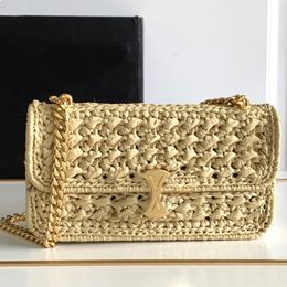 top quality 10A straw woven chain shoulder bag luxury designer flap golden hardware crossbody bag summer limited edition Hollowed Straw handbag purse