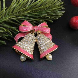 Pins Brooches New sweet romantic Pink girly Brooch Christmas Bell Pink Bow Cute Angel Christmas Holiday Gift Decoration Brooch Pin Jewellery Y240329