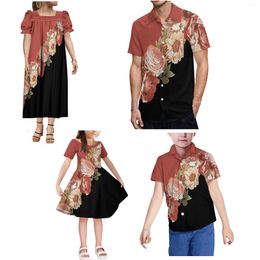 Casual Dresses Summer Women'S Mumu Dress And Men'S Shirt Matching Children'S Boy'S Polynesian Tribe Custom Red Flower Family Set