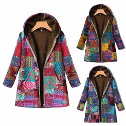autumn and Winter New Cott and Hemp Coat Women's Vintage Warm Printing Pocket Thickened Zipper Hooded Coat Coat i8q4#