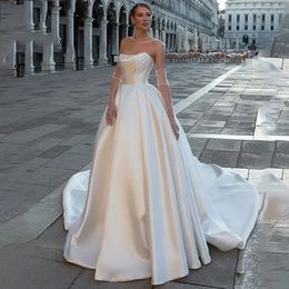 2024 princesa a linha vestido de casamento sem alças pérolas miçangas cetim vestidos de noiva trem varredura vestido de novias robe de mariage