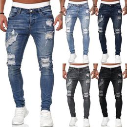 Men's Jeans Streetwear Ripped Skinny Men Vintage Wash Solid Denim Trouser Mens Casual Slim Fit Pencil Pants Hombre Joggers