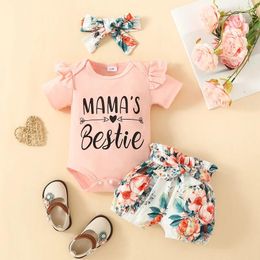 Clothing Sets FOCUSNORM 0-18M Summer Baby Girl Lovely Clothes Set 3pcs Letter Print Short Sleeve Romper Floral Ruffled Belted Shorts