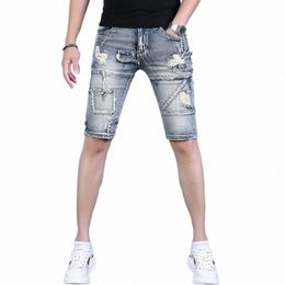 vintage Ripped Shorts Jeans Men Summer Streetwear Casual Retro Blue Slim Fit Cott Denim Shorts v7V2#