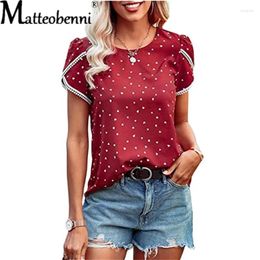 Women's Blouses Sexy Lace Crochet Patchwork Short Sleeve Women Blouse Polka Dot Printed O Neck Shirt Tops 2024 Summer Casual Loose