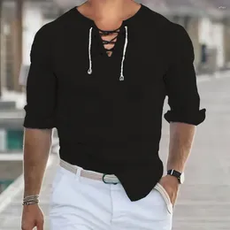 Men's Casual Shirts Lightweight Men Shirt Stylish Lace-up V Neck With Slim Fit Retro Design For Daily Wear In Spring Fall