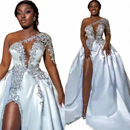 2024 African Sexy High Split Wedding Dres A Line One Shoulder Beaded Appliques Keyhole Neck Slit Bridal Gowns Plus Size Robes H7bQ#