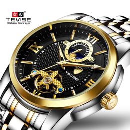 TEVISE Fashion Mens Watch Luxury Business Men Watches Tourbillon Design Stainless Steel Strap Automatic Wrist Watches2834