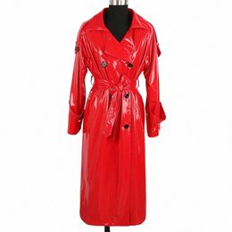 nerazzurri Autumn Lg Red Waterproof Shiny Reflective Patent Leather Trench Coat for Women Double Breasted Plus Size Fi S6qY#