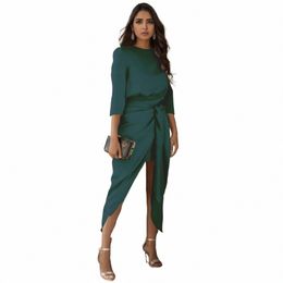 elegant Party Dres For Women Satin Lg Sleeve Tie Waist Side Slit Midi Dr Fall Wedding Guest Dres For Women Vestidos C9Zh#