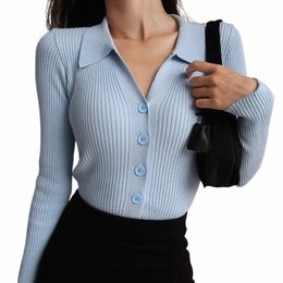 2023 Autumn Cardigans Women Single Breasted V-neck Knitted Sweater Fi Short Knitwear Solid Blue White Green Women's Jumpers H3Dm#