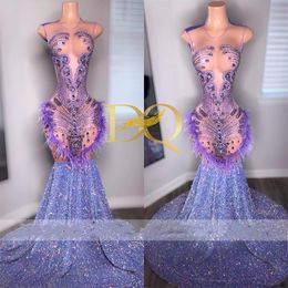 Lilac Purple Feather Long Memraid Prom Dresses For Black Girls 2024 Diamond Crystal Feather Evening Dresses Birthday Party Gowns