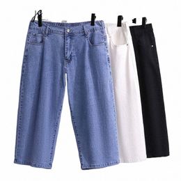 plus Size Capris Jeans Bermudas Women 7xl Extra Large Simple Classic Elastic High Waist Straight Leg Cropped Demin Pants Female x2Yj#