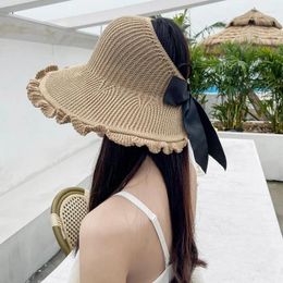 Wide Brim Hats Summer Women Sun Hat Fashion Empty Top Big Straw Sweet Ribbon Bow Panama Cap Female Beach Protection Fisherman