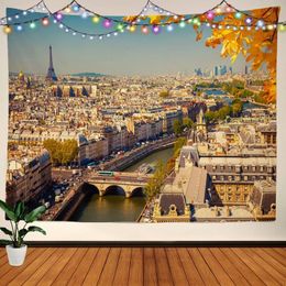 Tapestries European Eiffel Tower Tapestry Golden Yellow City Paris Wall Hanging Buildings Living Room Home Decor Clot