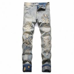 2024 New Spring Ripped Patch Jeans Retro Blue Slim Mid-Waist Elastic Men's Cuffed Printed Hip Hop Casual Pants r0Et#