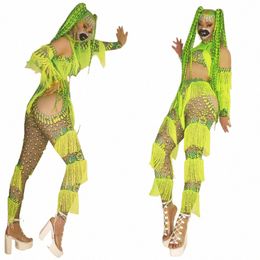 green Off Shoulder Sexy Tassel Jumpsuits For Women Party Club Clothing Stage Singer Perform Costume Party Rave Outfits X3V8#