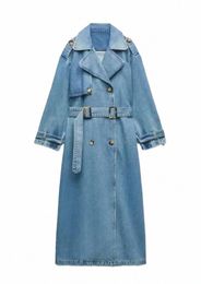 spring and Autumn X-Lg Denim Trench Coats For Women Belt On Waist Slim Jean Coats Ladies Feminina Blue Jean Jacket Woman O3sg#