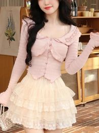 Women's Blouses 2024 Summer Pink Sweet Causal Blouse Women Slim Ruffles Japanese Lolita Cute Female Long Sleeve Elegant Korean Style Tops