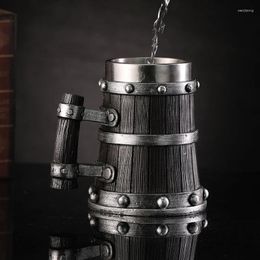 Mugs Viking Wood Grain Beer Mug 304 Stainless Steel Mediaeval Tavern Imitation Barrel Coffee Cup Men Gift