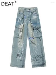 Women's Jeans High Waist Graffiti Multiple Pockets Straight Wide Leg Cool Cargo Denim Pants 2024 Winter Fashion 29L6551