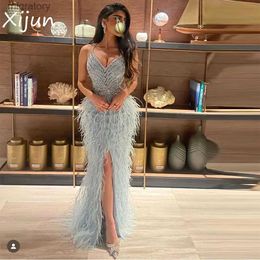 Urban Sexy Dresses Xijun Luxury Feathers Mermaid Saudi Arabic Evening V-Neck Side Split Dubai Women Prom Dress Formal Party Gowns 2023 yq240329