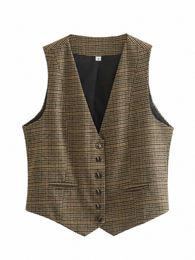 zevity New Women Vintage V Neck Houndstooth Print Breasted Slim Short Vest Jacket Ladies Sleevel Casual WaistCoat Tops CT3053 p3LQ#