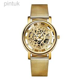 Wristwatches Luxury Gold Skeleton Watch for Women Ladies Fashion Watches Steel Band Gold High Quality Men and Women Couple Watches 24329